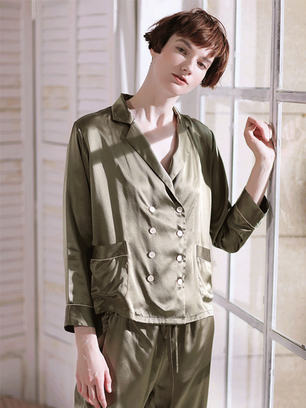 Double Row Button Front Full Length Silk Pajamas Set For Women Green