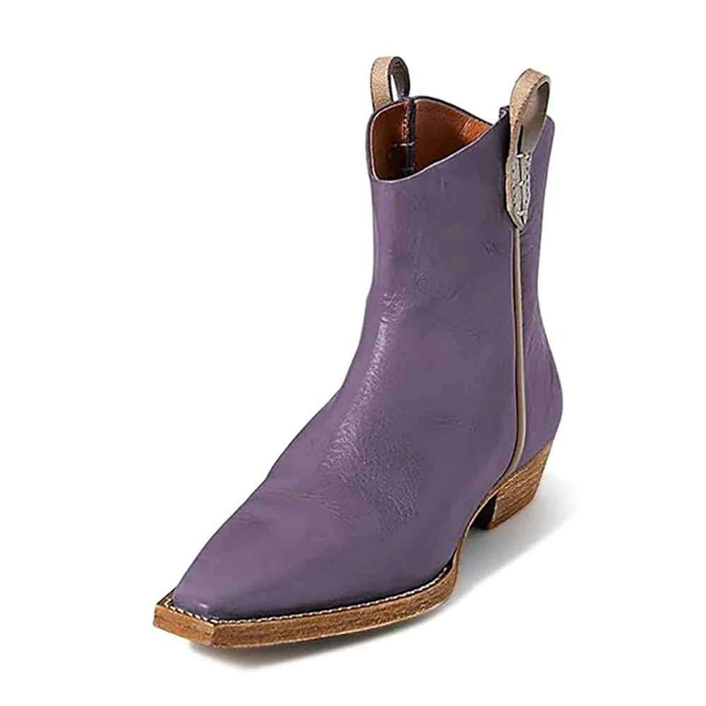 Purple Vegan Leather Snip Toe Back-Zip Side Loops Ankle Boots