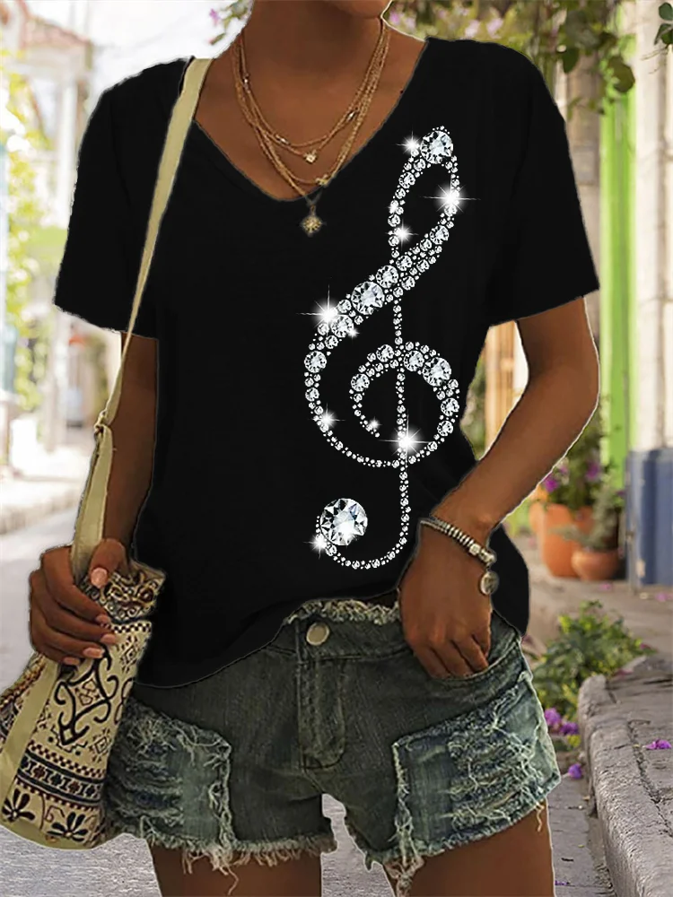 Elegant Glitter Treble Clef V Neck T Shirt