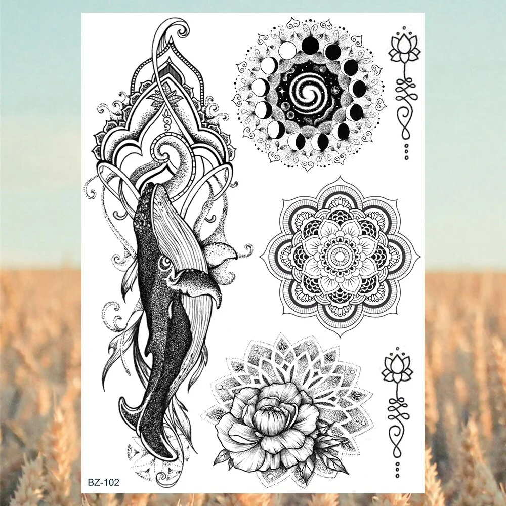 Sdrawing Black Skull Rose Flower Back Temporary Tattoos For Women Men Halloween Compass Round Fake Tattoo Sticker Skeleton