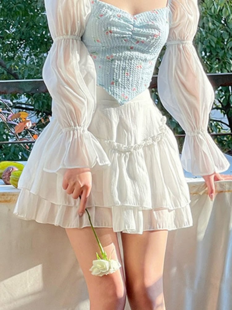 HOUZHOU White Mini Skirt Women Lolita Vintage Elegant Double-layer Ruffles Patchwork High Waist A-line Cute Black Skirt Korean