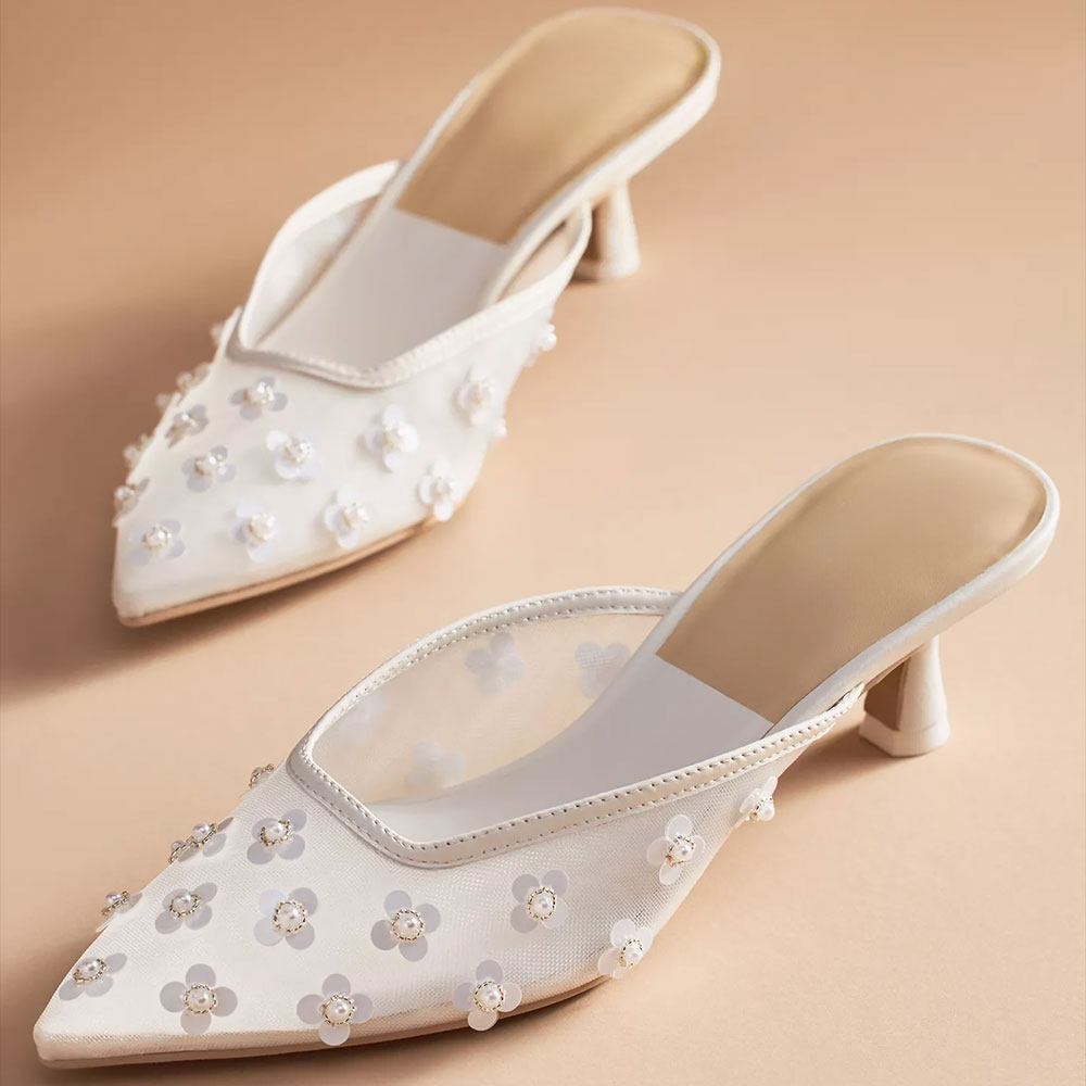 Women's White Mesh Pearl Flower Kitten Heel Pointy Toe Mules Shoes Nicepairs