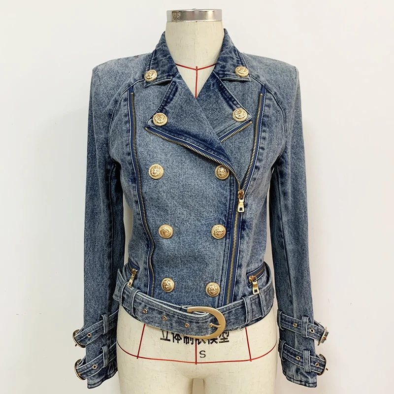 Nigikala Nigikala 2025 New Women's Coat Lion Buckle Double Zipper Wash Denim Locomotive Small Suit Jacket