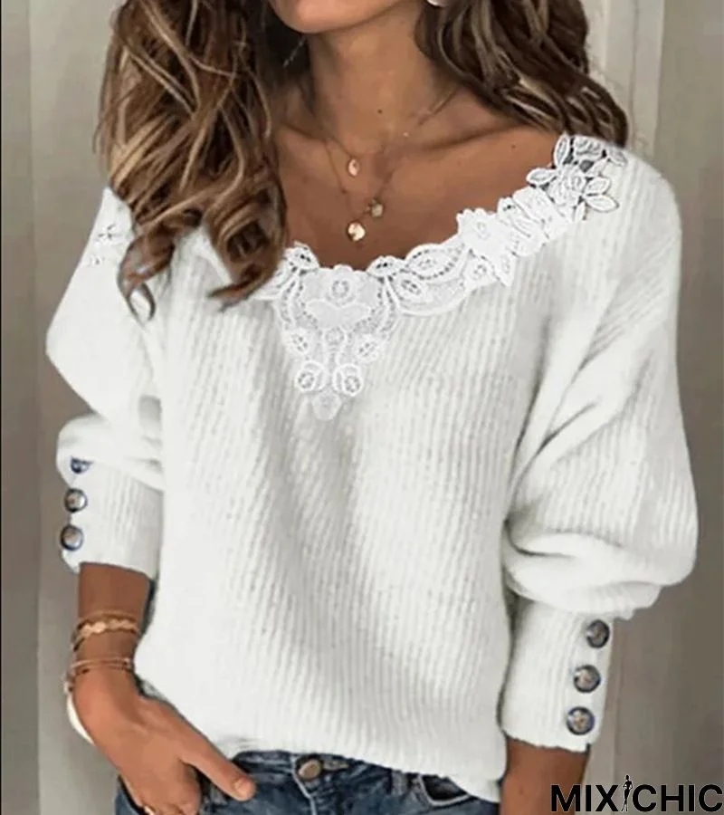 Dandelion Long Sleeve Buttoned Lace V Neck Casual Sweater