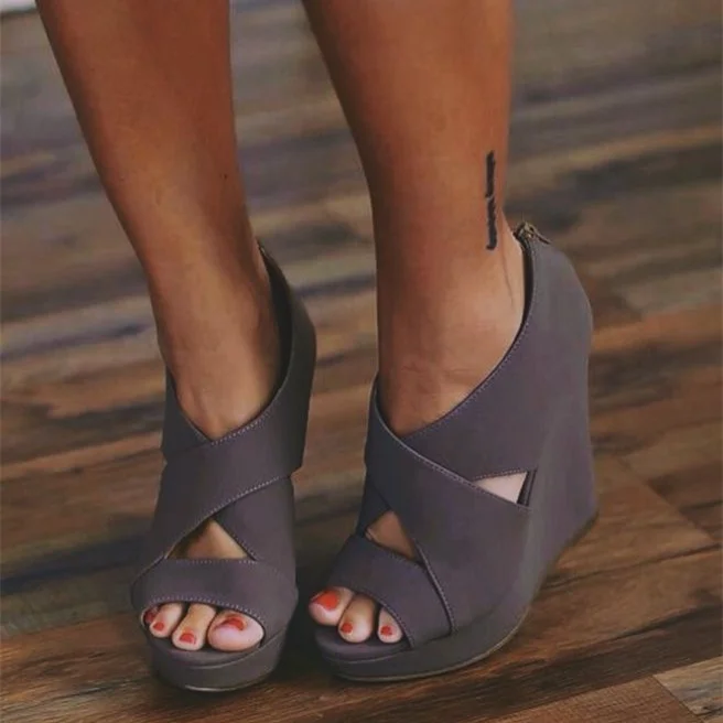 Dark Grey Peep Toe Cross Over Wedge Platform Sandals |FSJ Shoes