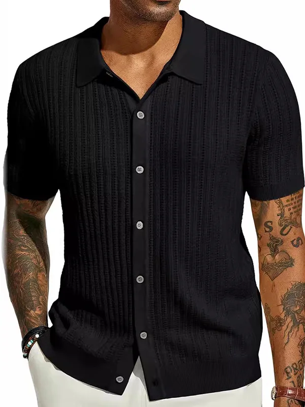 Men's Casual Hollow Short Sleeve Turndown Collar Solid Color Breathable Shirt