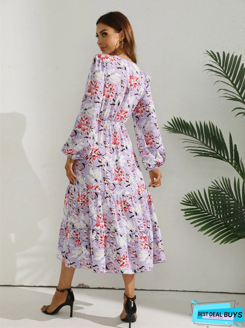 V-Neck Bubble Sleeve Printed Women's Long Sleeve Big Hem Medium Long Dress