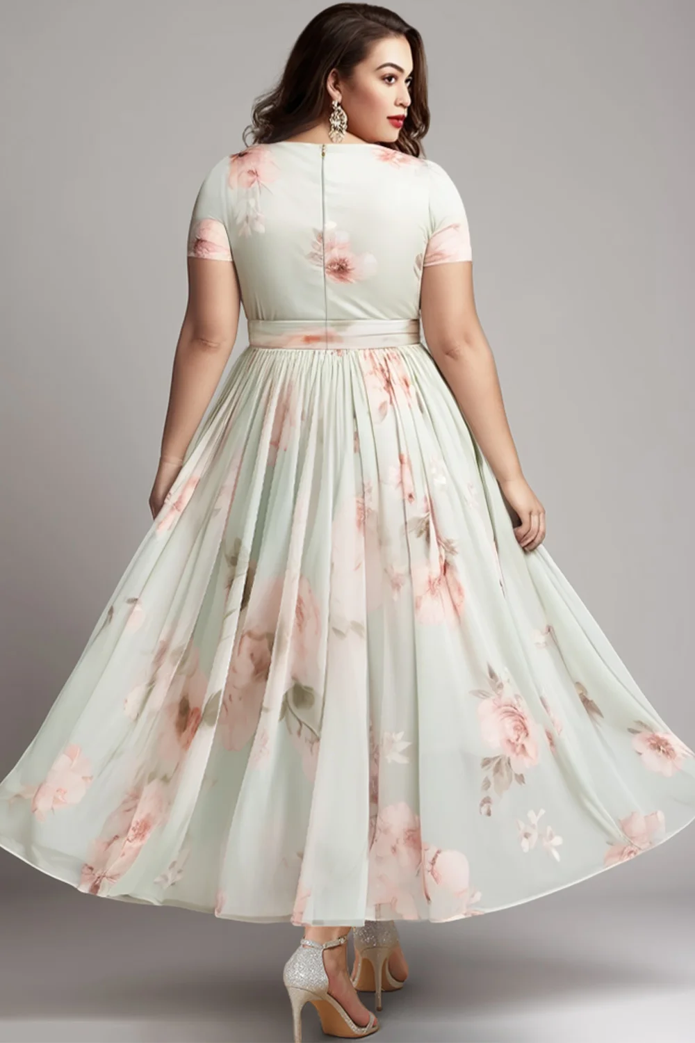 Flycurvy Plus Size Wedding Guest Light Green Chiffon Floral Print Tunic Tea-Length Dress