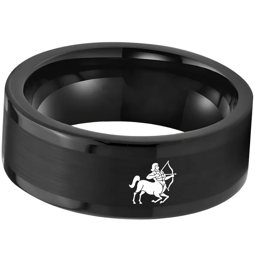 Black Tungsten Carbide Rings Flat Sagittarius Wedding Band Flat Top Comfort Fit 4MM 6MM 8MM