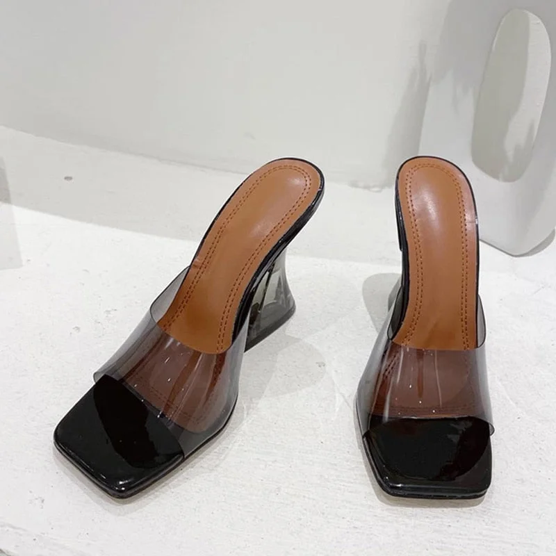 Fashion Clear Heels Slippers Female Mules Slides Summer Transparent Sandals Women Open Toe Orange Red PVC Jelly Shoes Size 35-42