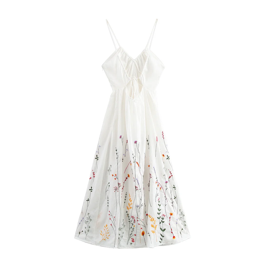 Women's Simple Waist Cinching Flower Embroidery Suspender Maxi Dress