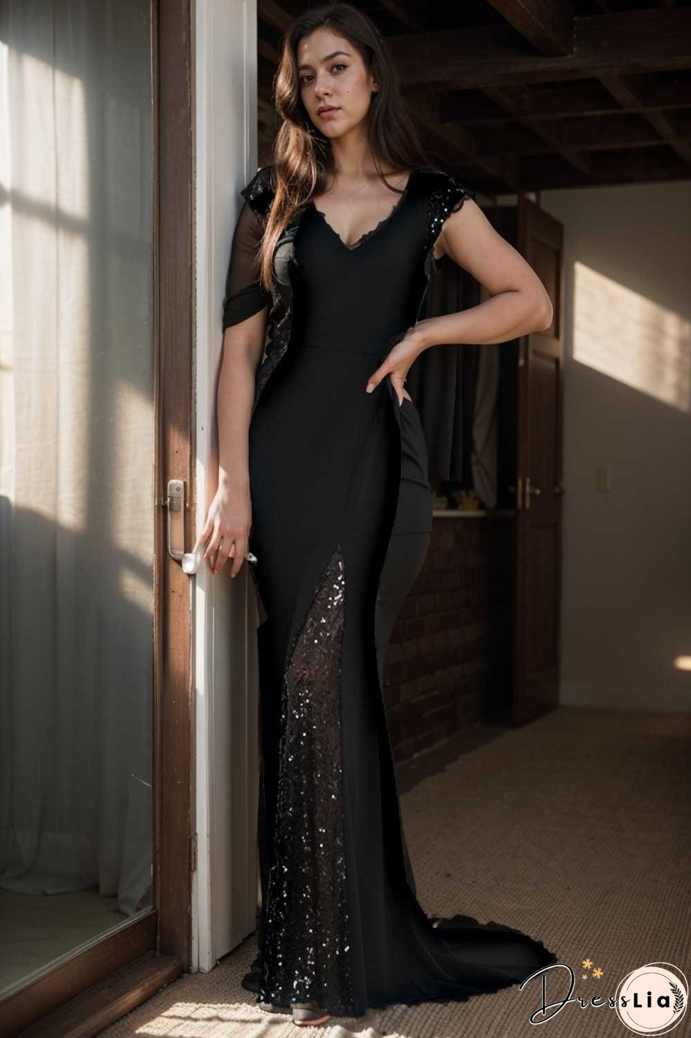 elegant sleeveless deep v neck fishtail evening gown