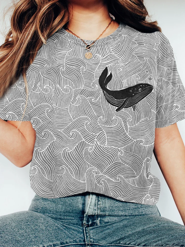 Whale &amp; Waves Lino Art Vintage bequemes T-Shirt