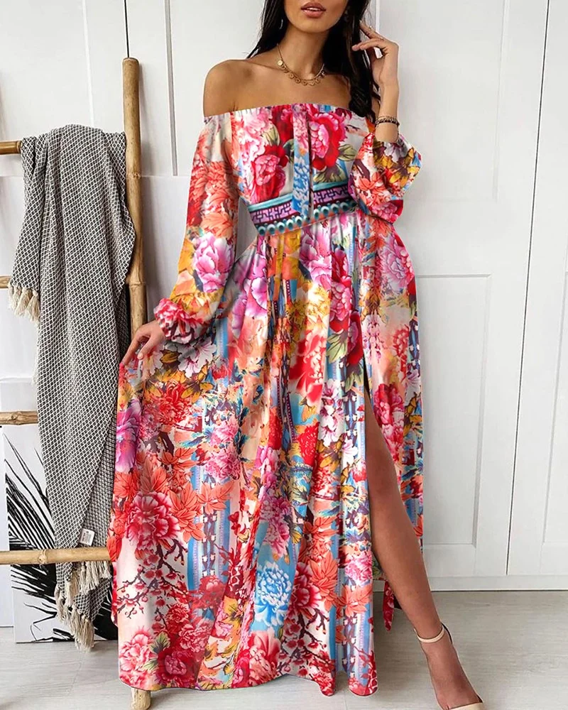 Uveng Uveng New Evening Dress Print Dress V Collar Retro Long Sleeves Open Fork Dress