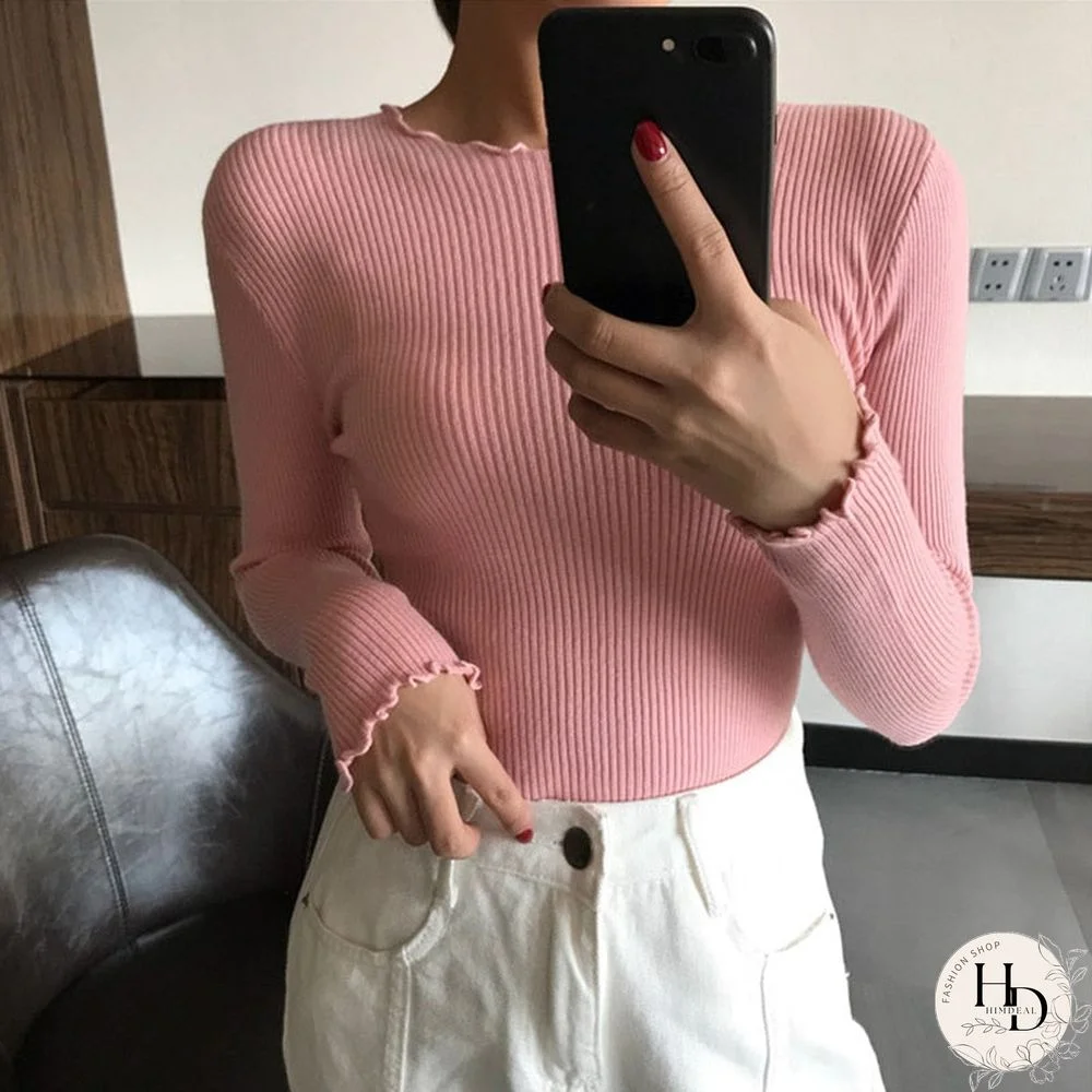 O Neck Ruched Women Sweater High Elastic Solid Fall Winter Fashion Sweater Women Slim Sexy Knitted Pullovers Pull Femme