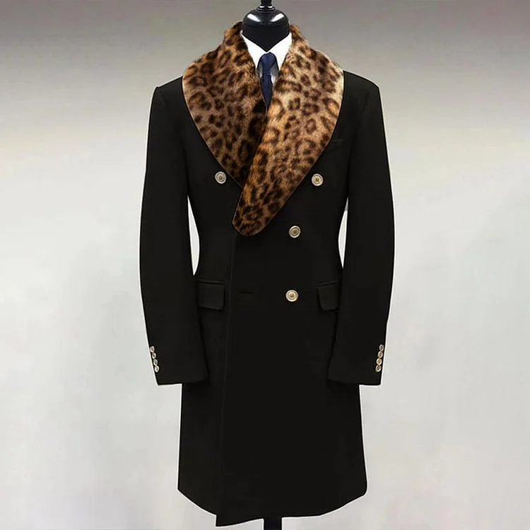 Giovanco Men's Casual Leopard Pattern Fur Shawl Lapel Double-Breasted Welt Pocket Overcoats