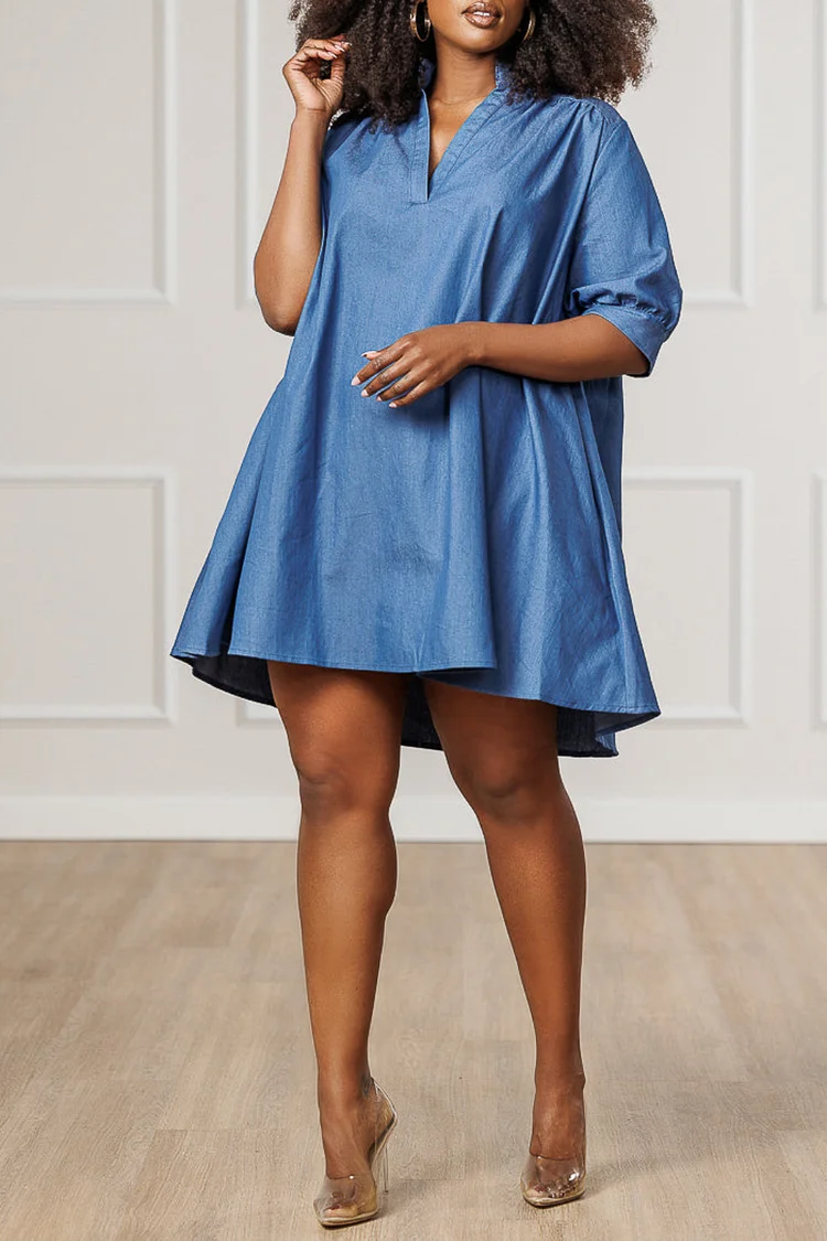 Plus Size Business Casual Blue Shirt Collar Short Sleeve Pocket Casual Tencel Denim Mini Dresses [Pre-Order]