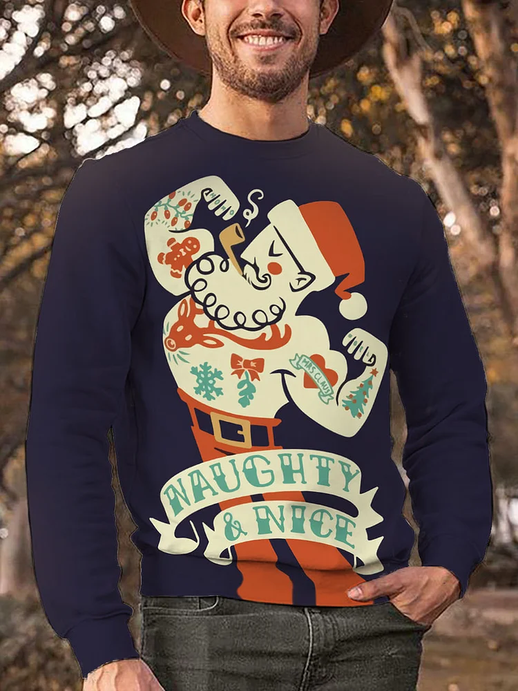 Men's Funny Strong Santa Claus Naughty And Nice Print Sweatshirt