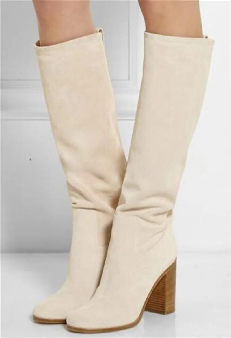 VCSHOES Women Round Toe Suede Leather Chunky Heel Knee High Boots Women Long Thick Heel Boots Real Pictures