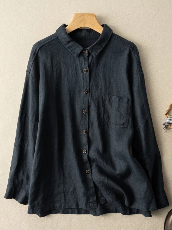 Loose Vintage Solid Long-Sleeved Linen Shirt