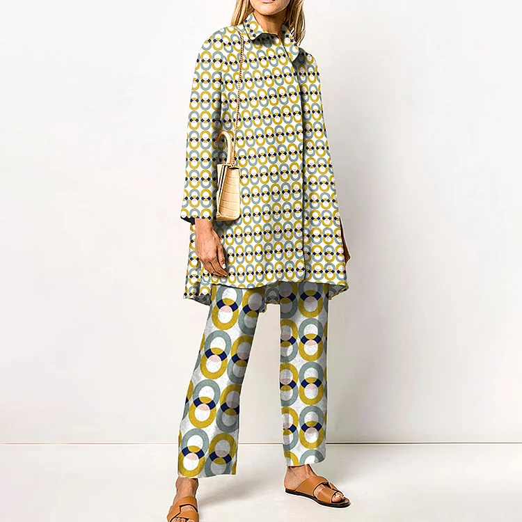 Circle Print Long Sleeve Casual Two Piece Set