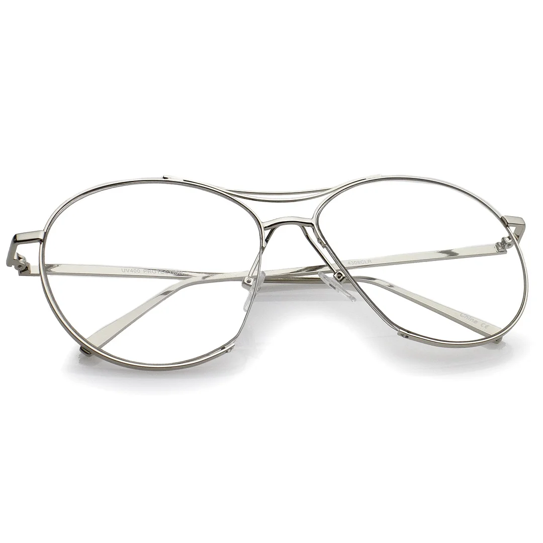 Oversize Semi-Rimless Brow Bar Round Clear Flat Lens Aviator Eyeglasses 59mm