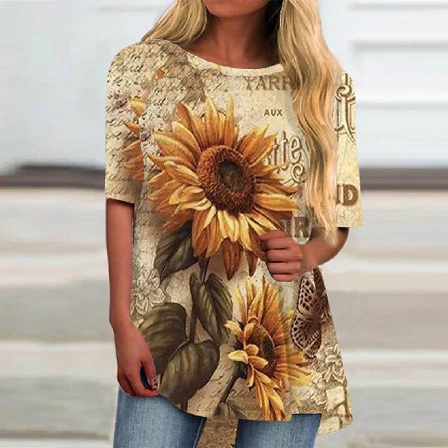 Women's Sunflower Print Loose Round Neck T-shirt