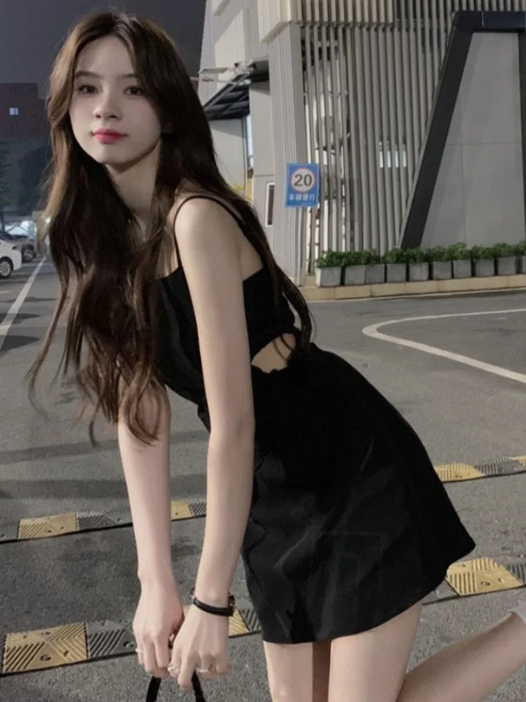 Peneran back to school Dresses Women Hotsweet Spaghetti Strap Fashion Hollow Out Chic Summer Casual Streetwear Mini Korean Style Female Black Ulzzang