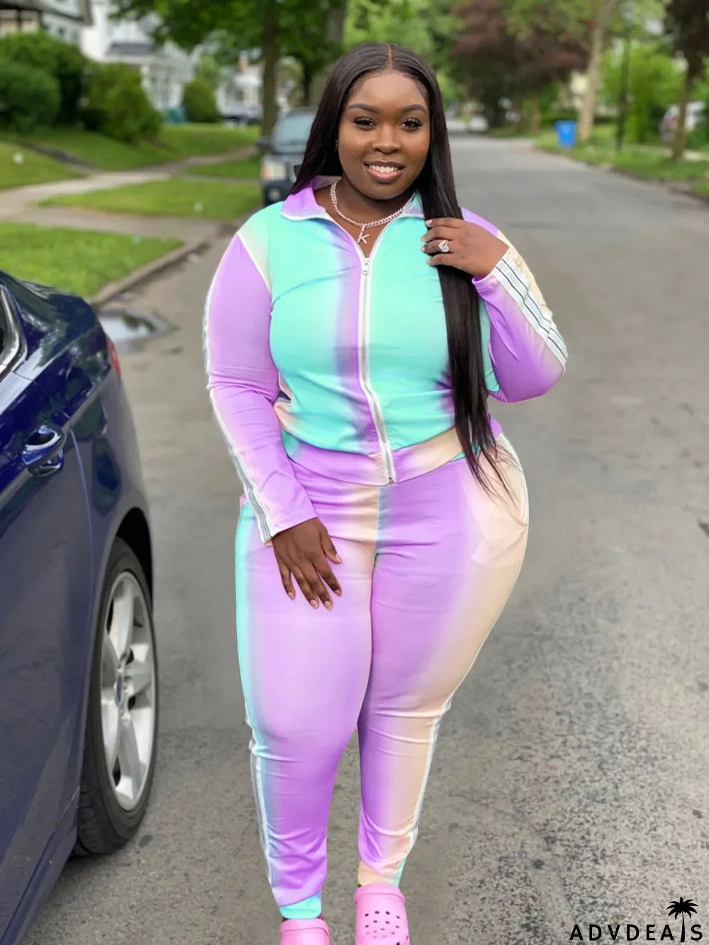 Plus Size 5XL Gradient Zipper Two Piece Pants Set