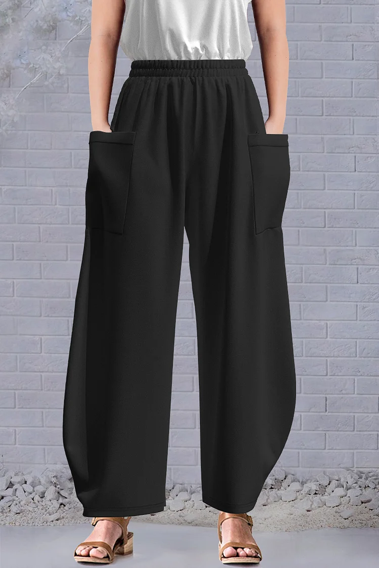 Flycurvy Plus Size Casual Black Elasticated Wide Leg Cropped Pants  Flycurvy [product_label]
