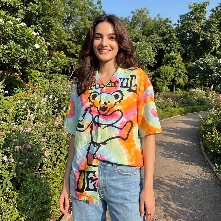Vintage Grateful Dead Skull & Bear &Terrapin Graphic Cuban Collar Short Sleeve Shirt &ndash; Unisex Retro Cotton Top