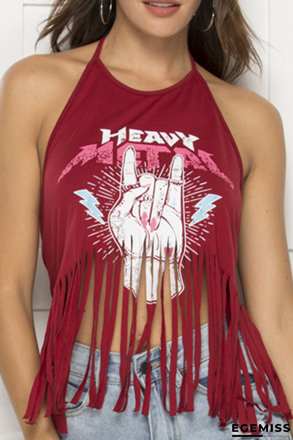 Burgundy Sexy Print Tassel Halter Tops | EGEMISS