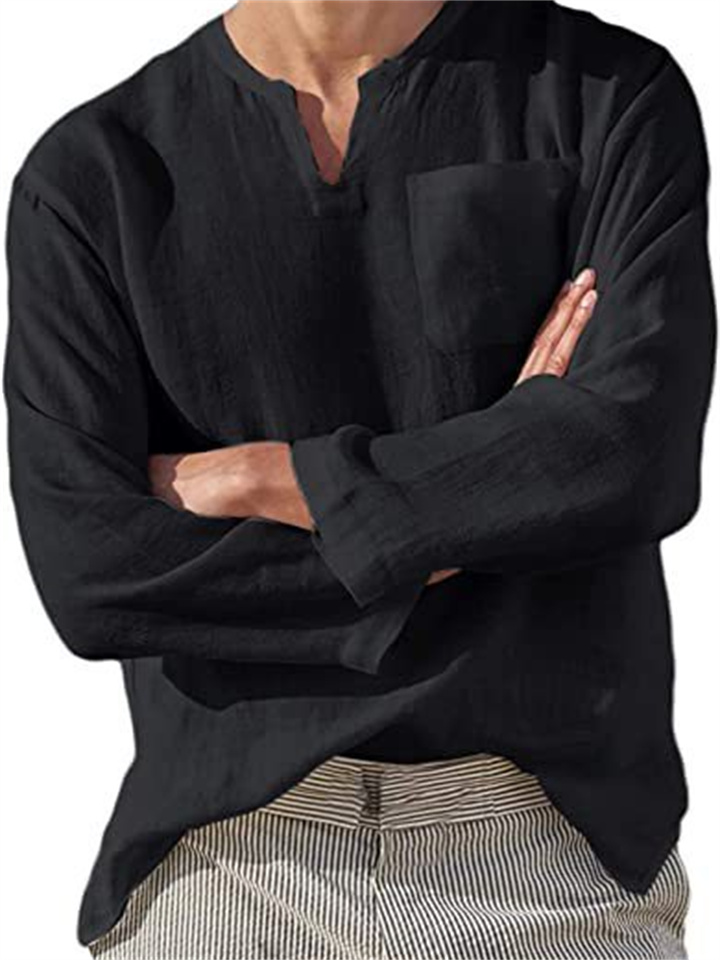 Men's Long Sleeve V-Neck Casual Linen Shirt Black Blue Gray
