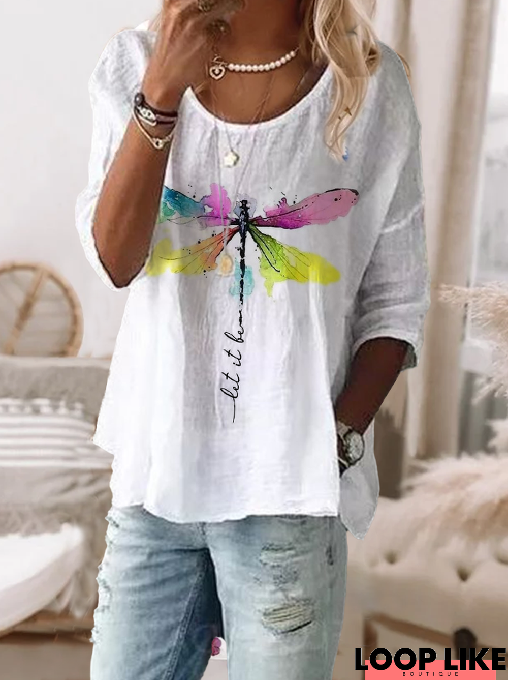 Casual Dragonfly Short Sleeve Tunic Top