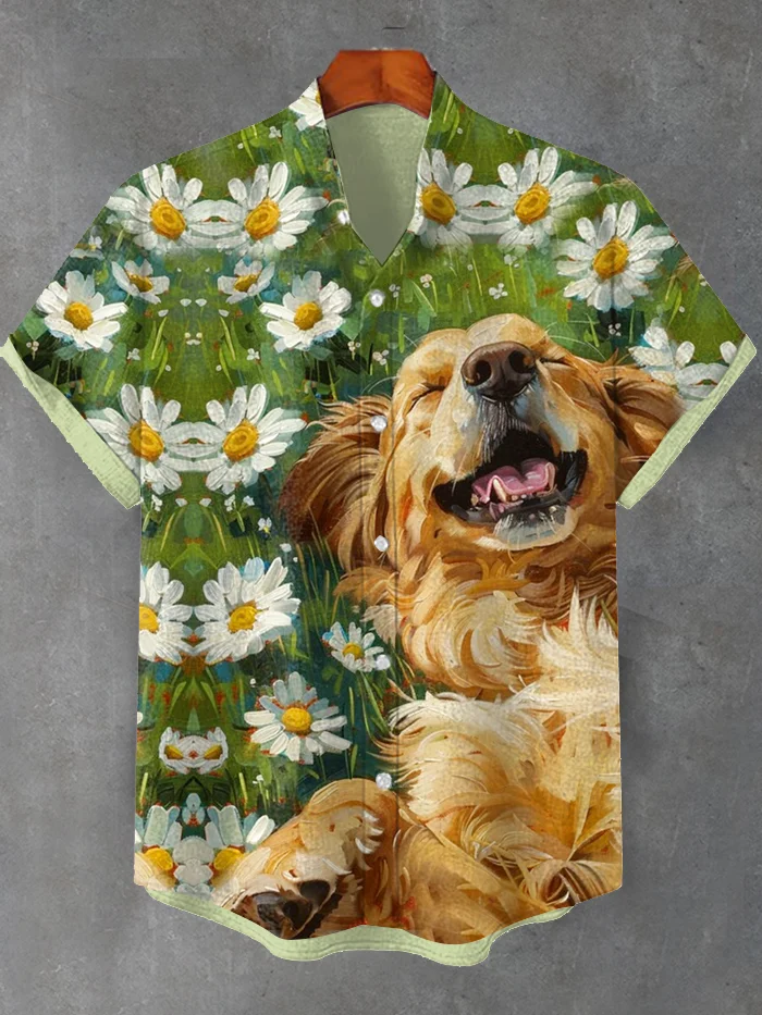 Men's Boho Daisy Lazy Golden Retriever Nature Oil Painting Print Shirt