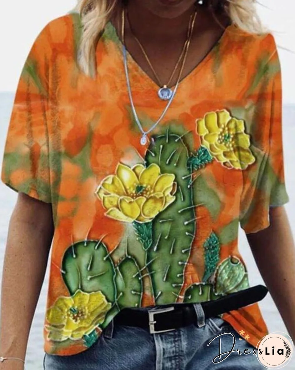 Oil Painting Print Short Sleeve V-Neck T-shirt