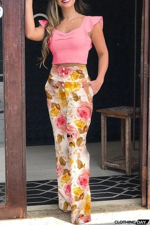 Ruffles Crop Top Straight Leg Pants Set