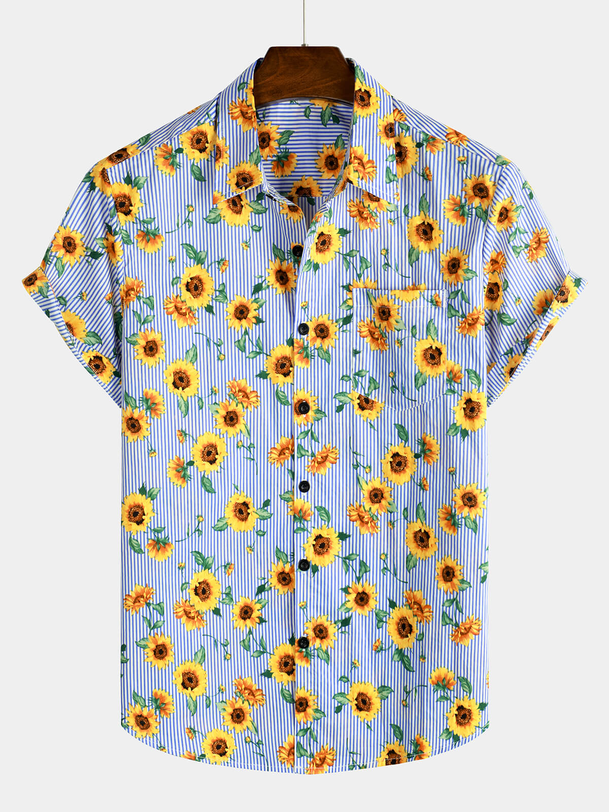 Men's Sunflower Floral Striped Flower Hawaiian Summer Holiday Short Sleeve Shirt