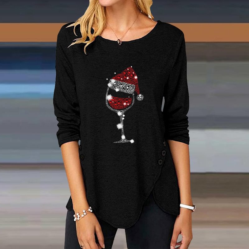 Christmas Red Wine Glass Print Irregular Button Long Sleeve Round Neck T-Shirt