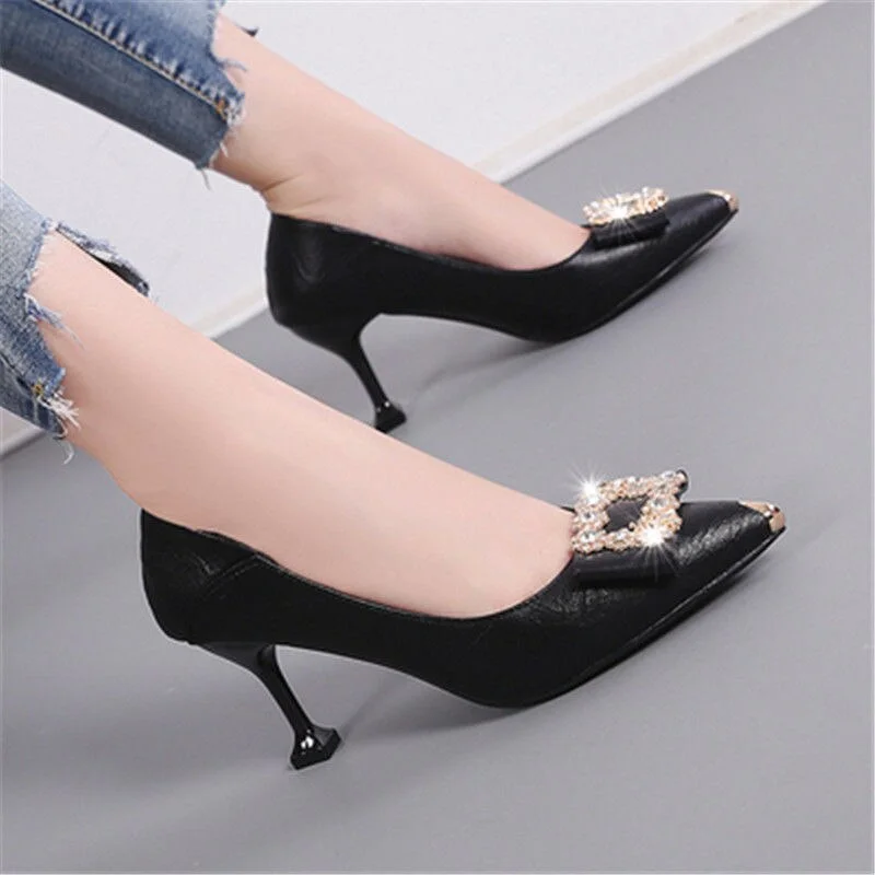 Beige Rhinestone Slip-On High Heels Elegant Non-Slip Pointed Toe Shallow Office Lady Pumps 2022 Fashion Comfort Party Shoes