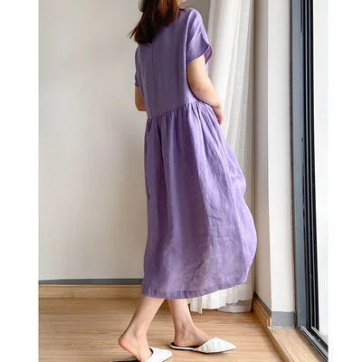 Nigikala Nigikala New Leisure Spring And Summer Loose Skirt Short Sleeve Round Neck Solid Cotton Linen Dress