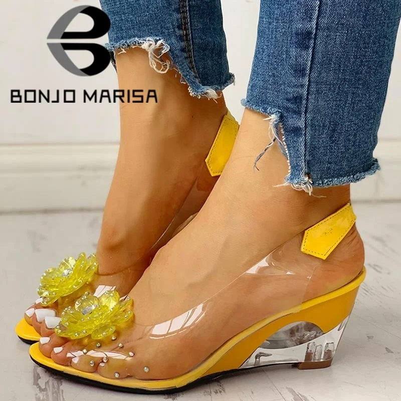 BONJOMARISA Large Size 34-43 Hot Sale INS Hot Transparent Flat Sandals Shoes Woman Elegant Flowers Wedges Sandals Women