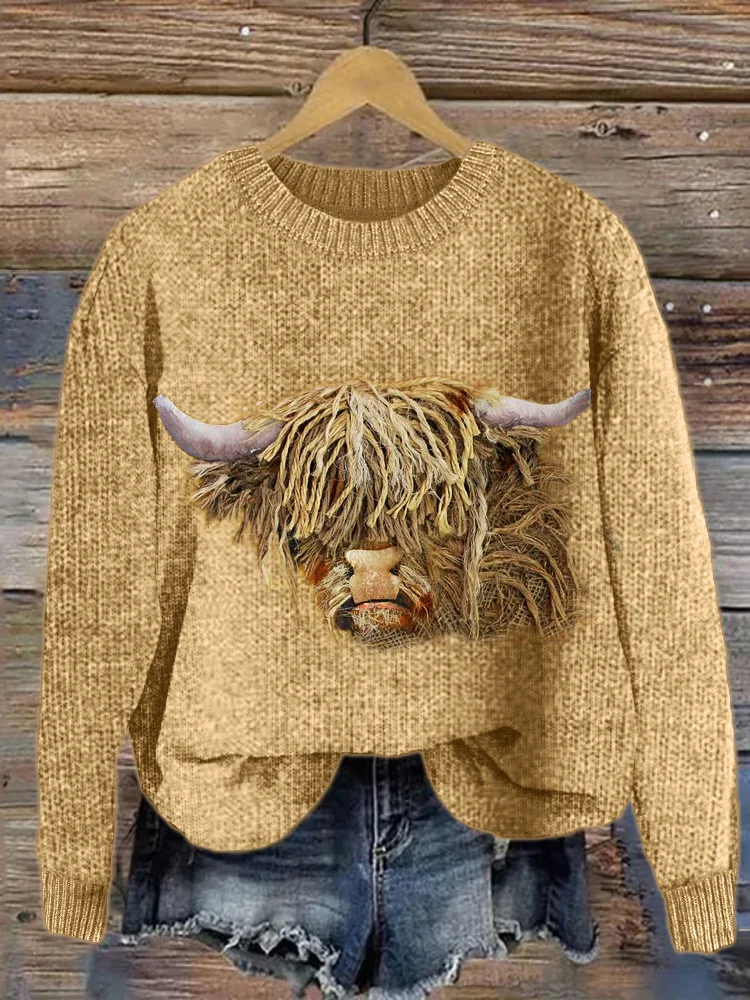 Comstylish Fuzzy Highland Cow Yarn Art Cozy Knit Sweater