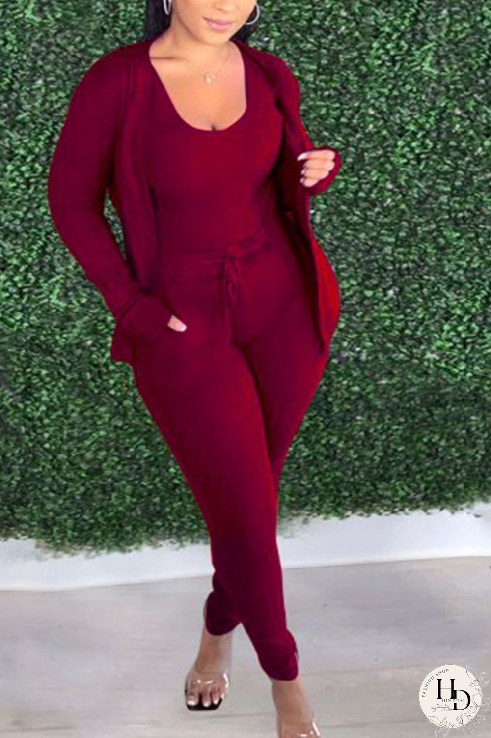 rose red Sportswear Solid O Neck Long Sleeve Regular Sleeve Two Pieces