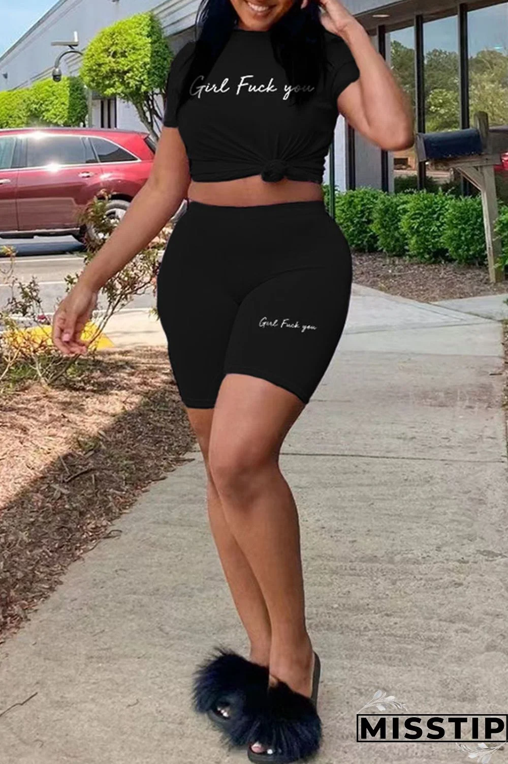 Black Casual Letter Print Patchwork O Neck Plus Size Two Pieces