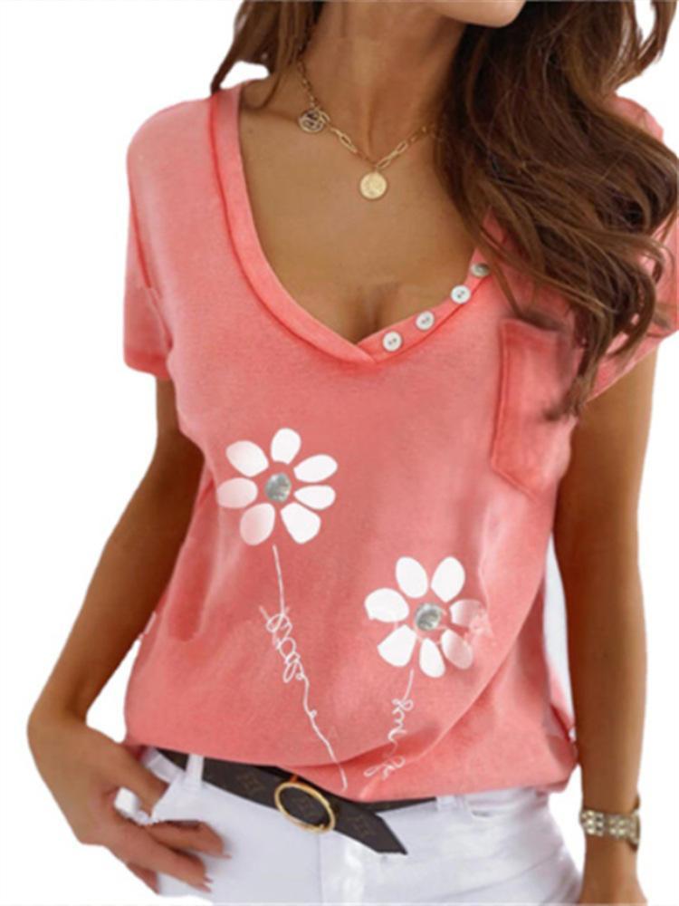 Women's Slim Fit V-neck Short Sleeve Printed Casual T-shirt