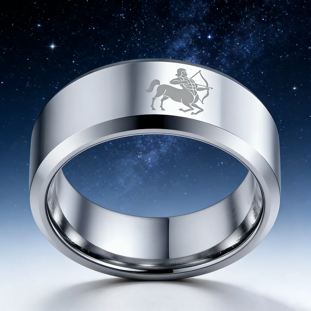 Sliver Sagittarius Couple Wedding Bands Beveled Edges Sliver Laser Etched Tungsten Carbide Rings 4MM 6MM 8MM Width