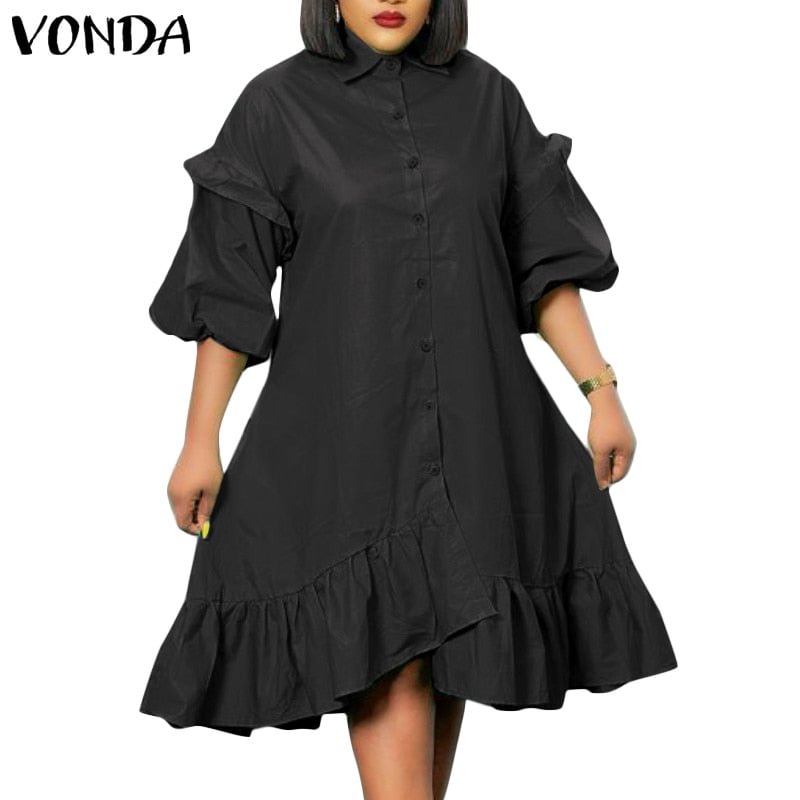 Irregular Shirt Dress 2022 VONDA Women Vintage Lapel Neck Party Ruffled Dress Female Casual Vestidos Oversized Robe Femme