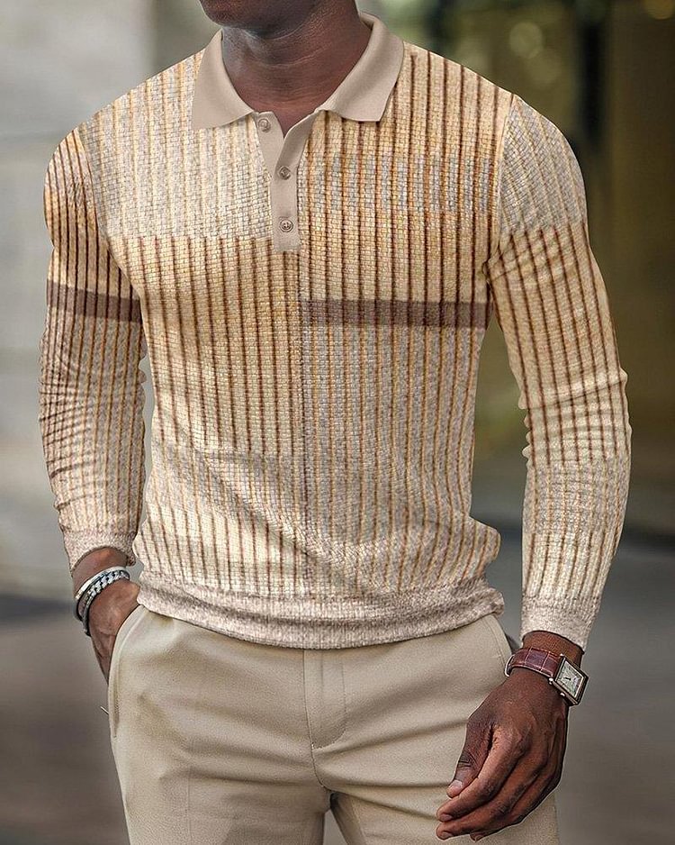 Men's Vintage Striped Long Sleeve Polo Shirt