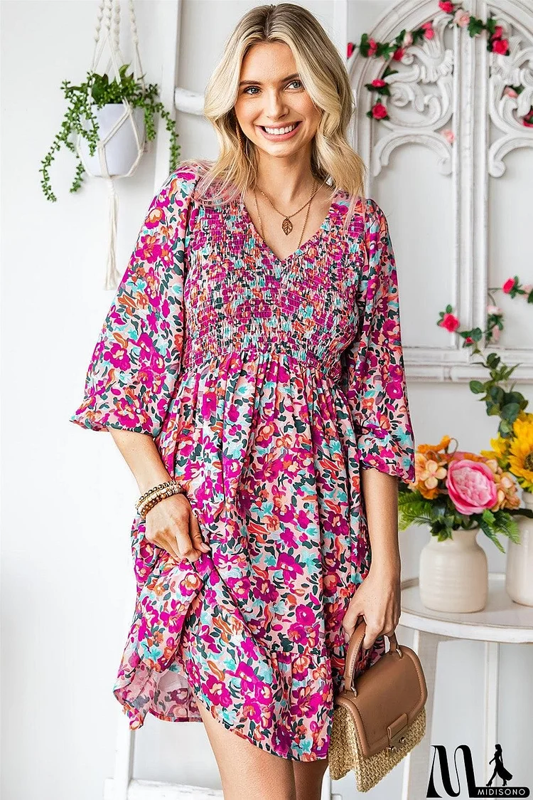 Floral Smocked V-Neck Flounce Sleeve Dress